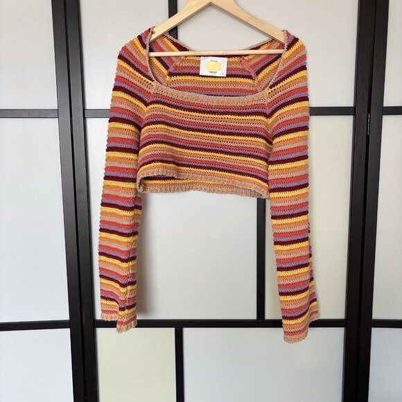 Yellow the Label Womens Crochet Sweater Top Cropped Sz SMALL Hippie Boho Rainbow - Picture 2 of 14